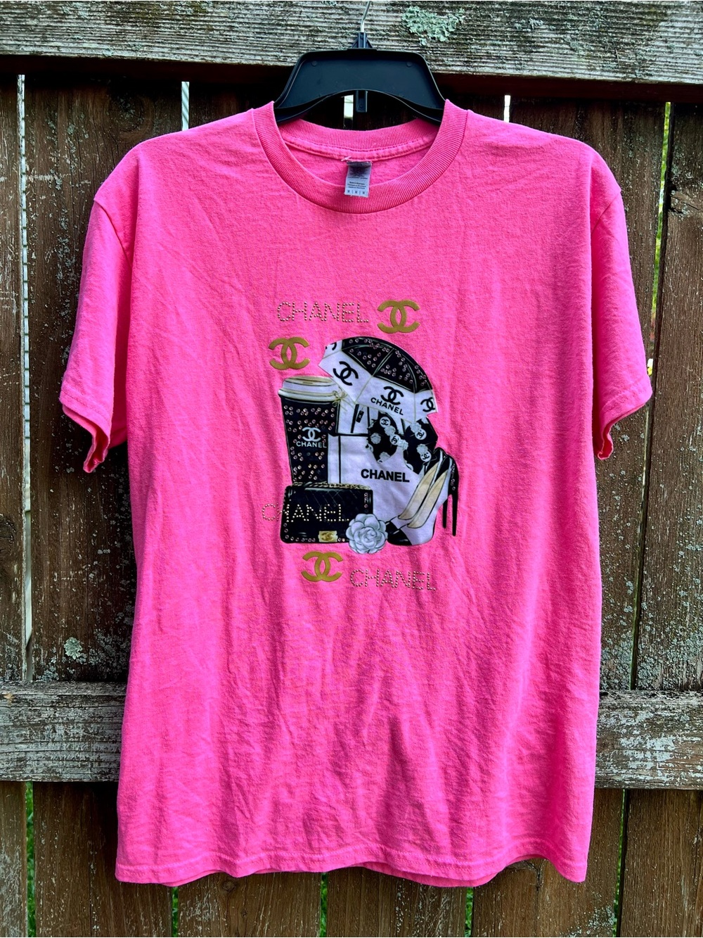 Gildan CHANEL neon pink cotton oversized T-shirt textured M 90's classic